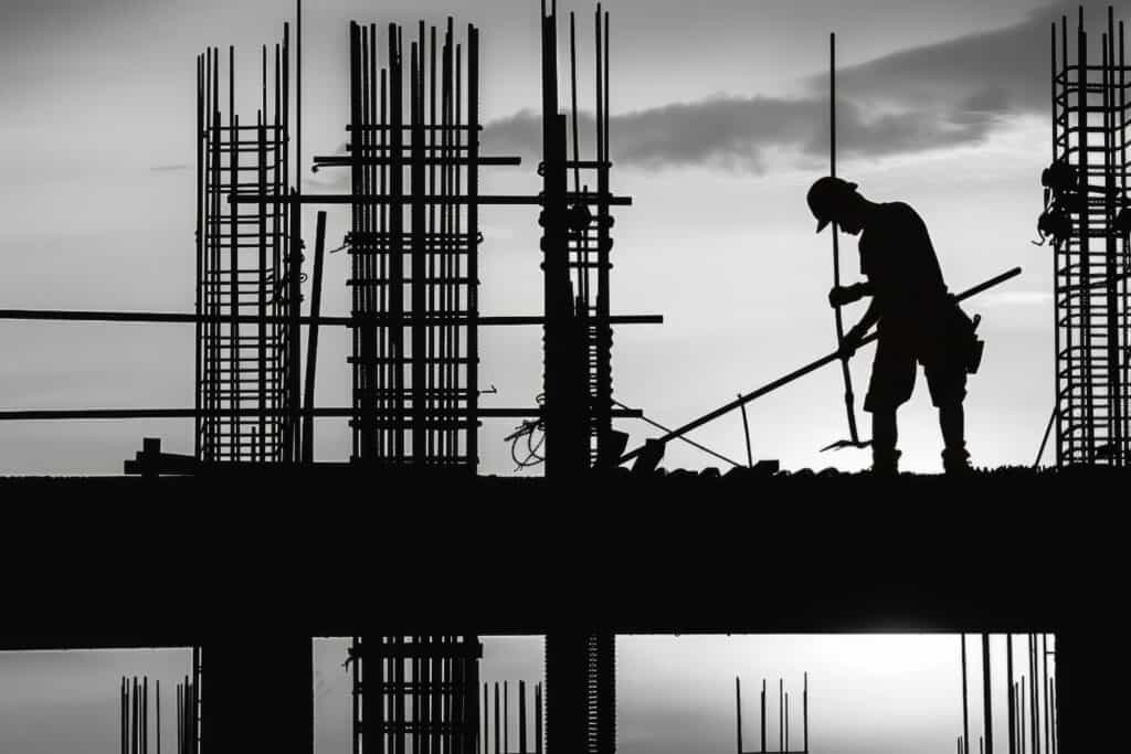 Silhouette of a construction worker atop a building