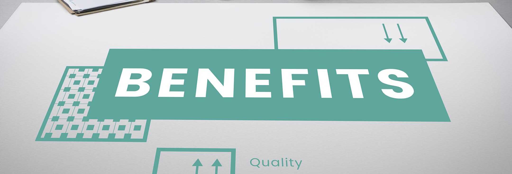 Image of an infographic that reads 'benefits' in the middle.